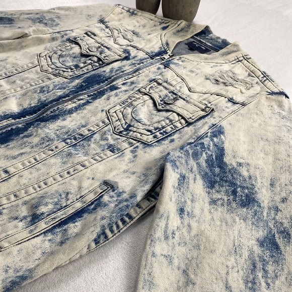 True Religion Jimmy Distressed Denim Acid Wash LS Bomber Jacket (White Tide) - Picture 4 of 16